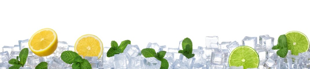 Ice cubes, mint and citrus fruits on white background. Banner design