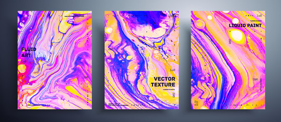Abstract liquid poster, fluid art vector texture pack. Trendy background that applicable for design cover, invitation, presentation and etc. Purple, yellow, pink, blue and white creative template.