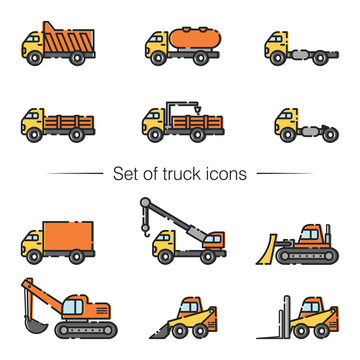 Vector icon set of special trucks for construction, building, transportation, logistics, repair