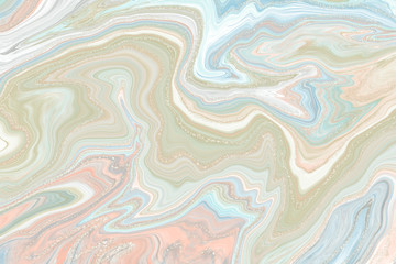 Graphic illustration of liquid dynamic texture in pastel tone color with golden glitters. Modern digital art background. Trendy surface design