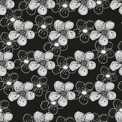 Black and white cherry blossom seamless vector pattern. Spring blooming flowers on dark backdrop. Floral background for fabric, textile. Japanese flowering. Hand drawn floral motif.
