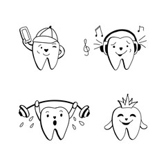 Dentistry. Set of cute teeth.Vector illustration of a flat cartoon character isolated on a white background. Doodles for dental clinic, print on a postcard, book,sticker,poster, brochure,banner,logo