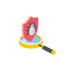 Virus scan magnifier shield antivirus. Vector 3d isometric, color web icon, new flat style. Creative illustration design, graphic idea for infographics.