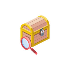 Treasure Chest Magnifier search. Vector 3d isometric, color web icon, new flat style. Creative illustration design, graphic idea for infographics.