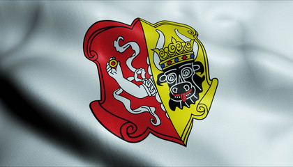 3D Waving Germany City Coat of Arms Flag of Neustrelitz Closeup View