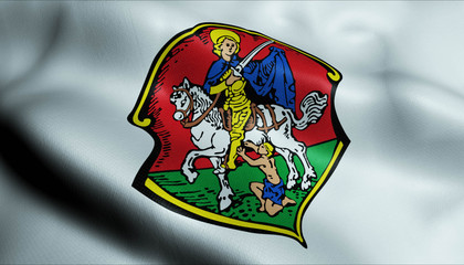 3D Waving Germany City Coat of Arms Flag of Neustadt an der Waldnaab Closeup View