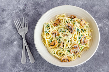 Vegan Mushroom Spinach Spaghetti Pasta on Gray Background, Top View, Vegan Food Photography