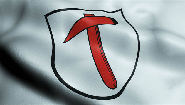 3D Waving Germany City Coat of Arms Flag of Neuenstein Closeup View