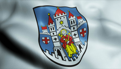 3D Waving Germany City Coat of Arms Flag of Montabaur Closeup View