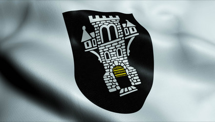 Fototapeta premium 3D Waving Germany City Coat of Arms Flag of Menden Closeup View