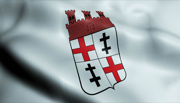 3D Waving Germany City Coat of Arms Flag of Merzig Closeup View