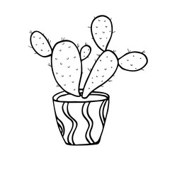 Hand- drawn vector illustration. Cute cactus in a funny pot. Doodle style, sketch, silhouette, simple home flower shape.