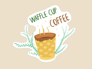 Hot coffee in a sweet chocolate waffle cup. The image with the sign and green twigs on light brown background. Safe for environment concept