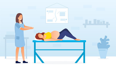 Pregnant woman lying on the couch while being examined in doctors office. Female doctor standing next to her with hands out. Vector illustration