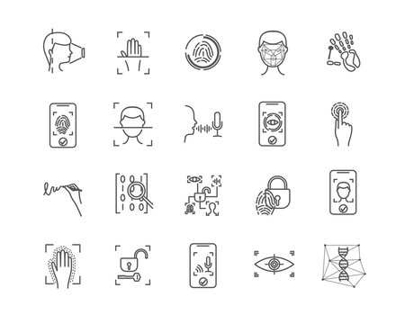 Set of simple vector black line icons of modern biometrics theme. Fingerprints, face recognition technologies, DNA testing and personal data encryption concept on white background