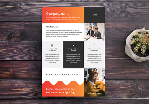 Business Flyer Layout with Orange Gradient Header and Footer
