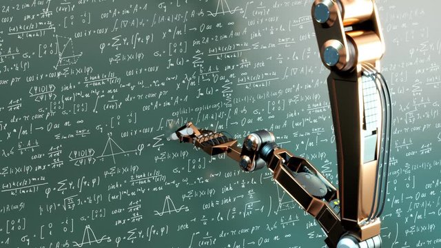Futuristic robot writing on the green board complicated mathematical formulas.
