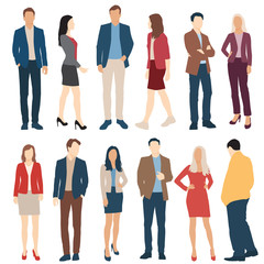 Set of men and women, different colors, cartoon character, group of silhouettes standing business people, flat icon design concept isolated on white background