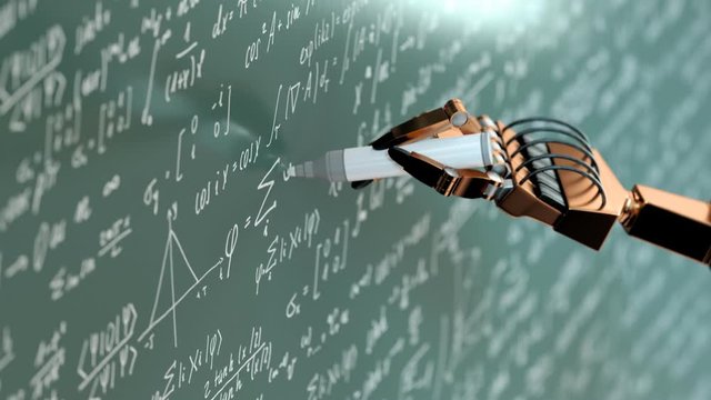 Futuristic robot writing on the green board complicated mathematical formulas.