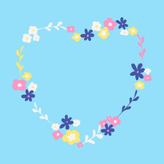 Simple bright cool flower wreath in heart shape. Vector isolated. Good for cards, posters, invitation. Cute design