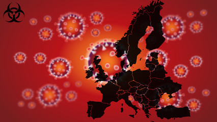 Fototapeta na wymiar European countries coronavirus lockdown quarantine concept. Restriction on movement to nations due to COVID-19, with map of Europe and virus image.