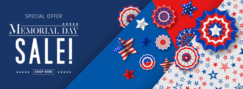Banner for Memorial day sale design. Memorial day sign on a dark blue background with 3d percent symbol. Vector illustration for business promotion.