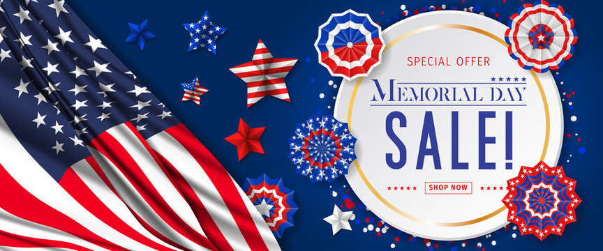 Banner for Memorial day sale design. Memorial day sign on a dark blue background with 3d percent symbol. Vector illustration for business promotion.