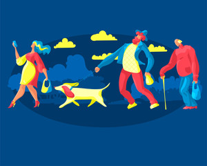 Flat illustration of a group of pedestrians. People are stylishly dressed residents of the city, hurrying about their business. Template for blog, article, advertisement.