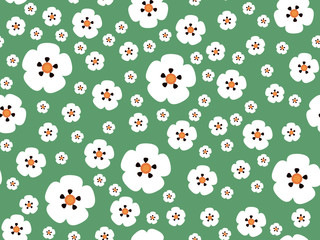 Cistus ladanifer flower seamless pattern. Green background. Vector.