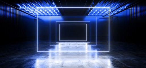Neon Laser Sci Fi Futuristic Cyber Lights Blue Rectangle Pantone Modern Tunnel Corridor Underground Warehouse Garage Concrete Grunge Reflective Alien 3D Rendering