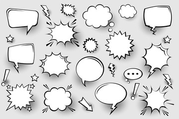 Naklejka premium Collection of empty comic speech bubbles with halftone shadows. Hand drawn retro cartoon stickers. Pop art style. Vector illustration.