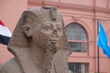 Ancient Egyptian sphinx sculpture outside the Egyptian Museum in Cairo, Egypt