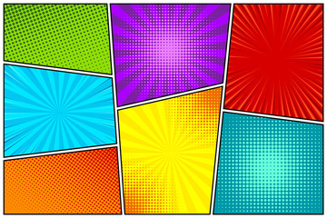 Cartoon comic backgrounds set. Comics book colorful poster with halftone elements. Retro Pop Art style. Vector illustration. - obrazy, fototapety, plakaty