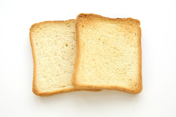 Two slice of bread crust toast isolated on white background. Flat lay. Top view.