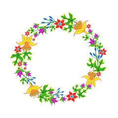 Vector floral wreath isolated on white. Cute circle border frame. Mexican folk style illustration with colorful flowers, green leaves, berries. Design with copy space for card, invitation, banner