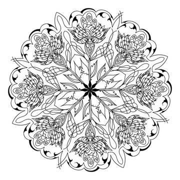 Mondala vector pattern for coloring by children and adults, contour ornament in a circle, floral drawing, sketch outline.