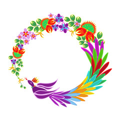 Fototapeta na wymiar Vector floral wreath. Traditional Mexican style ornament with bright colorful flowers, leaves and bird of paradise. Circle border. Design for prints, holiday decoration, invitation, card, carnival