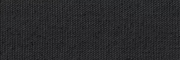 Poster Close-uptextuur van natuurlijk geweven doek in donkergrijze of zwarte kleur. Stoffentextuur van natuurlijk katoen of linnen textielmateriaal. Brede en lange panoramische achtergrond. © Papin_Lab