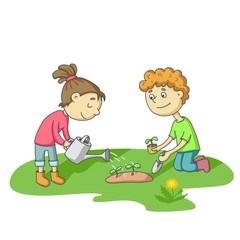 Children plant seedlings of flowers. Girl with a watering can and a boy with a scoop. Cartoon illustration isolated on a white background.