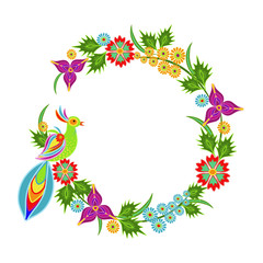 Tropical floral border. Vector wreath with painted bright colorful flowers, green leaves and parrot bird. Doodle painting in traditional folk style. Design for holiday decor, invitation, greeting card