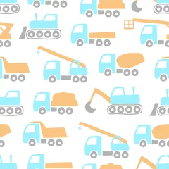 Wallpaper murals Cars Different cartoon construction equipment isolated on white background. Side view. Baby seamless pattern. Vector hand graphic illustration. Texture.