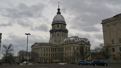 Illinois state capitol building facade day view in Springfield