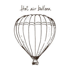 Hot air ballon hand drawn vector illustration, isolated on white background with text