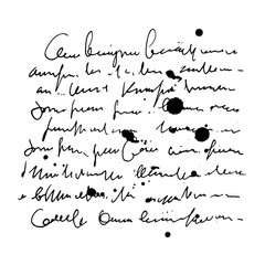 Abstract letter, imitation of text, hand drawn ink vector letters, handwritten script with blots isolated on white background