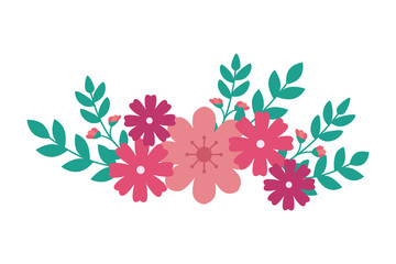 cute flowers pink with branches and leafs vector illustration design