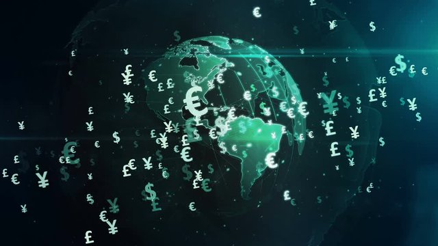 Money symbols. Dollar, Euro, Yen and Pound currency icons on rotating digital globe. Loopable and seamless 3d animation. Abstract concept background of finance, banking and globalization.