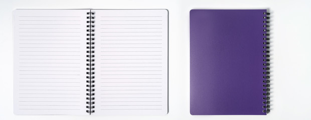 Business concept - Top view collection of spiral kraft notebook front, purple And white open page...