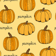 Pumpkin color vector seamless pattern, hand drawn squash sketch isolated on yellow background with text