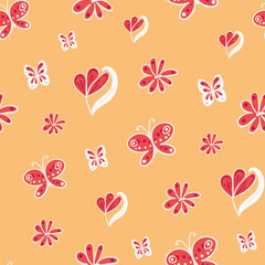 Flowers and butterflies seamless vector pattern in red and yellow. Girly surface print design. Great for summertime fabrics, cards, scrapbook paper, gift wrap and packaging.