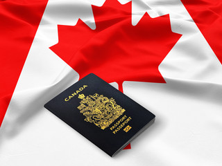 passport of Canada on the top of an satin canadian flag